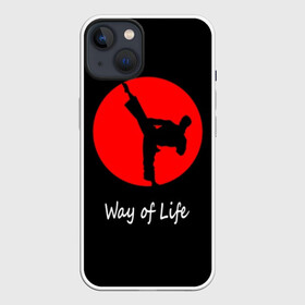 Чехол для iPhone 13 с принтом Каратэ в Тюмени,  |  | eastern | emblem | fighter | font | image | inscri | japanese | karate | kick | life | man | martial arts | red | silhouette | sport | sun | text | wrestling | боец | борьба | единоборства | жизни | каратэ | красное | мужчина | надпись | образ | силуэт | 