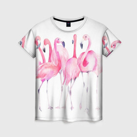 Женская футболка 3D с принтом Фламинго в Тюмени, 100% полиэфир ( синтетическое хлопкоподобное полотно) | прямой крой, круглый вырез горловины, длина до линии бедер | art | birds | flamingo | flock | illustration | pink | summer | watercolor | акварель | иллюстрация | искусство | лето | птицы | розовый | стая | фламинго