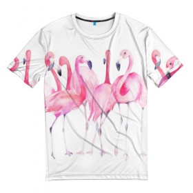 Мужская футболка 3D с принтом Фламинго в Тюмени, 100% полиэфир | прямой крой, круглый вырез горловины, длина до линии бедер | Тематика изображения на принте: art | birds | flamingo | flock | illustration | pink | summer | watercolor | акварель | иллюстрация | искусство | лето | птицы | розовый | стая | фламинго