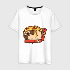 Мужская футболка хлопок с принтом Pizza Dog в Тюмени, 100% хлопок | прямой крой, круглый вырез горловины, длина до линии бедер, слегка спущенное плечо. | Тематика изображения на принте: amimals | cook | dog | doggy | food | pizza | woof | боксер | бульдог | бультерьер | волк | гав | доберман | дог | долматинец | друг | еда | животные | йорк | кок | мопс | овчарка | пёс | песик | питомец | пицца | повар | пудель