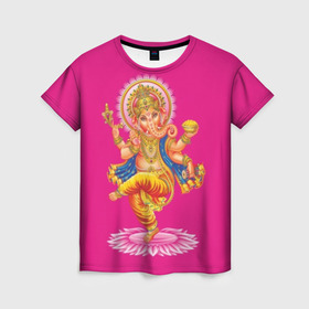 Женская футболка 3D с принтом Ганеша в Тюмени, 100% полиэфир ( синтетическое хлопкоподобное полотно) | прямой крой, круглый вырез горловины, длина до линии бедер | Тематика изображения на принте: character | deity | elephant | four | ganesh | god | gold | hands | head | hinduism | jewel | jewels | lord | ornament | pattern | well being | wisdom | благополучие | бог | божество | владыка | ганеша | голова | драгоценности | золото | индуизм | мудрост