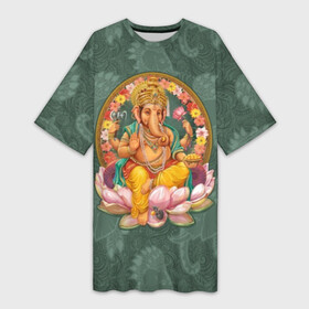 Платье-футболка 3D с принтом Ганеша в Тюмени,  |  | ax | beads | character | elephant | god | gold | hands | head | holiday | jewels | lilies | lord | mouse | ornament | pattern | благополучие | бог | божество | бусы | владыка | ганеша | голова | драгоценности | золото | индуизм | лилии | много | мудрость 