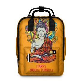 Женский рюкзак 3D с принтом Happy Buddha Purnima в Тюмени, 100% полиэстер | лямки с регулируемой длиной, сверху ручки, чтобы рюкзак нести как сумку. Основное отделение закрывается на молнию, как и внешний карман. Внутри два дополнительных кармана, один из которых закрывается на молнию. По бокам два дополнительных кармашка, куда поместится маленькая бутылочка
 | Тематика изображения на принте: buddha | golden | happy | indian | kesa | lotus | monk | orange | ornament | pattern | pose | religion | shakyamuni | spiritual | te | будда | буддизм | духовный | золотой | индийский | кашая | кэса | лотос | оранжевый | орнамент | основатель | по