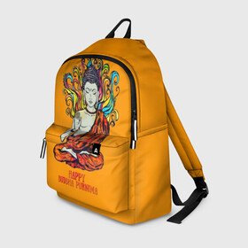 Рюкзак 3D с принтом Happy Buddha Purnima в Тюмени, 100% полиэстер | лямки с регулируемой длиной, сверху петелька, чтобы рюкзак можно было повесить на вешалку. Основное отделение закрывается на молнию, как и внешний карман. Внутри два дополнительных кармана, один из которых закрывается на молнию. По бокам два дополнительных кармашка | buddha | golden | happy | indian | kesa | lotus | monk | orange | ornament | pattern | pose | religion | shakyamuni | spiritual | te | будда | буддизм | духовный | золотой | индийский | кашая | кэса | лотос | оранжевый | орнамент | основатель | по