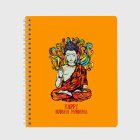 Тетрадь с принтом Happy Buddha Purnima в Тюмени, 100% бумага | 48 листов, плотность листов — 60 г/м2, плотность картонной обложки — 250 г/м2. Листы скреплены сбоку удобной пружинной спиралью. Уголки страниц и обложки скругленные. Цвет линий — светло-серый
 | buddha | golden | happy | indian | kesa | lotus | monk | orange | ornament | pattern | pose | religion | shakyamuni | spiritual | te | будда | буддизм | духовный | золотой | индийский | кашая | кэса | лотос | оранжевый | орнамент | основатель | по