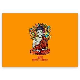 Поздравительная открытка с принтом Happy Buddha Purnima в Тюмени, 100% бумага | плотность бумаги 280 г/м2, матовая, на обратной стороне линовка и место для марки
 | Тематика изображения на принте: buddha | golden | happy | indian | kesa | lotus | monk | orange | ornament | pattern | pose | religion | shakyamuni | spiritual | te | будда | буддизм | духовный | золотой | индийский | кашая | кэса | лотос | оранжевый | орнамент | основатель | по