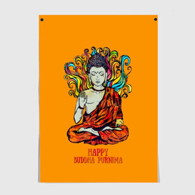 Постер с принтом Happy Buddha Purnima в Тюмени, 100% бумага
 | бумага, плотность 150 мг. Матовая, но за счет высокого коэффициента гладкости имеет небольшой блеск и дает на свету блики, но в отличии от глянцевой бумаги не покрыта лаком | Тематика изображения на принте: buddha | golden | happy | indian | kesa | lotus | monk | orange | ornament | pattern | pose | religion | shakyamuni | spiritual | te | будда | буддизм | духовный | золотой | индийский | кашая | кэса | лотос | оранжевый | орнамент | основатель | по