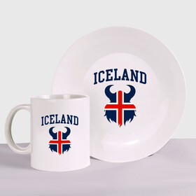 Набор: тарелка + кружка с принтом Исландия в Тюмени, керамика | Кружка: объем — 330 мл, диаметр — 80 мм. Принт наносится на бока кружки, можно сделать два разных изображения. 
Тарелка: диаметр - 210 мм, диаметр для нанесения принта - 120 мм. | iceland | iseland | исландия | сборная | сборная исландии | сборная исландии по футболу | сборные | форма | футбол | чемпионат мира по футболу