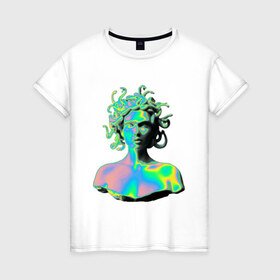 Женская футболка хлопок с принтом Gorgon Medusa в Тюмени, 100% хлопок | прямой крой, круглый вырез горловины, длина до линии бедер, слегка спущенное плечо | gorgon medusa | бог | богиня | горгона медуза | змеи | змея | камень | необычно | статуя