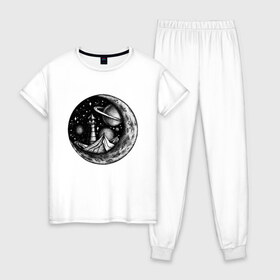 Женская пижама хлопок с принтом космос в Тюмени, 100% хлопок | брюки и футболка прямого кроя, без карманов, на брюках мягкая резинка на поясе и по низу штанин | астрономия | вселенная | галактика | графика | звезды | инопланетяне | космос | луна | нло