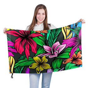 Флаг 3D с принтом тропики в Тюмени, 100% полиэстер | плотность ткани — 95 г/м2, размер — 67 х 109 см. Принт наносится с одной стороны | джунгли | листья | цветы | яркость
