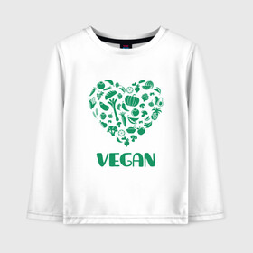 Детский лонгслив хлопок с принтом Vegan в Тюмени, 100% хлопок | круглый вырез горловины, полуприлегающий силуэт, длина до линии бедер | Тематика изображения на принте: earth | green | greenpaece | nature | sport | vegan | world | yoga | веган | вегетарианец | гринпис | дерево | еда | животные | жизнь | здоровье | зеленый | йога | лес | любовь | мир | овощи | пища | планета | природа | растение