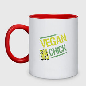 Кружка двухцветная с принтом Vegan Chick в Тюмени, керамика | объем — 330 мл, диаметр — 80 мм. Цветная ручка и кайма сверху, в некоторых цветах — вся внутренняя часть | earth | green | greenpaece | nature | sport | vegan | world | yoga | веган | вегетарианец | гринпис | дерево | еда | животные | жизнь | здоровье | зеленый | йога | лес | мир | овощи | пища | планета | природа | птица | растение | спорт