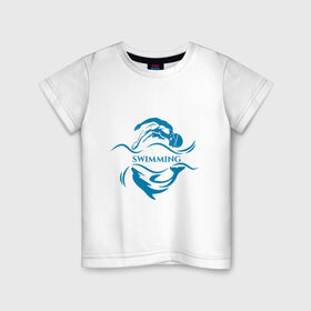 Детская футболка хлопок с принтом Плавание в Тюмени, 100% хлопок | круглый вырез горловины, полуприлегающий силуэт, длина до линии бедер | Тематика изображения на принте: бассейн | вода | волна | дельфин | плавание | пловец