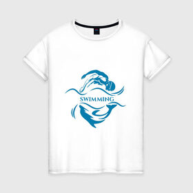 Женская футболка хлопок с принтом Плавание в Тюмени, 100% хлопок | прямой крой, круглый вырез горловины, длина до линии бедер, слегка спущенное плечо | бассейн | вода | волна | дельфин | плавание | пловец