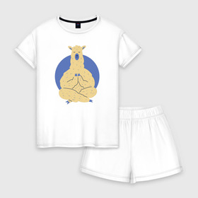 Женская пижама с шортиками хлопок с принтом Лама Йога в Тюмени, 100% хлопок | футболка прямого кроя, шорты свободные с широкой мягкой резинкой | 