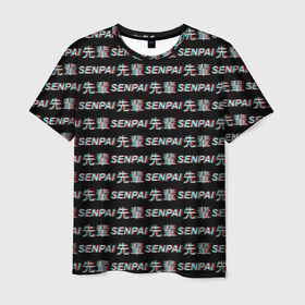 Мужская футболка 3D с принтом SENPAI GLITCH  в Тюмени, 100% полиэфир | прямой крой, круглый вырез горловины, длина до линии бедер | ahegao | anime | black and white | glitch | senpai | аниме | ахегао | глитч | иероглифы | семпай | сенпай | черно белый