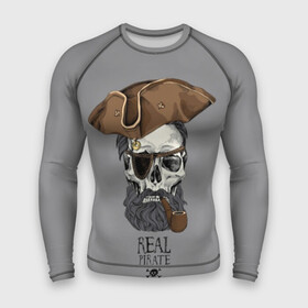 Мужской рашгард 3D с принтом Real pirate в Тюмени,  |  | beard | bones | crossed | drawing | font | funny | graphics | hat | inscription | mustache | one eyed | pipe | pirate | real | roger | skull | smoking | борода | весёлый | графика | кости | кури | надпись | одноглазый | перекрещенные | пират | реальный | 