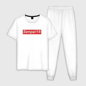 Мужская пижама хлопок с принтом SENPAI в Тюмени, 100% хлопок | брюки и футболка прямого кроя, без карманов, на брюках мягкая резинка на поясе и по низу штанин
 | ahegao | anime | senpai | аниме | ахегао | иероглифы | семпай | сенпай