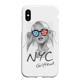 Чехол для iPhone XS Max матовый с принтом NYC girlfriend в Тюмени, Силикон | Область печати: задняя сторона чехла, без боковых панелей | Тематика изображения на принте: beautiful | blonde | city | flag | girl | girlfriend | new york | reflection | stars | stripes | usa | блондинка | город | девушка | звезды | красивая | нью йорк | отражение | очки | подруга | полосы | сша | флаг