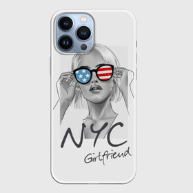 Чехол для iPhone 13 Pro Max с принтом NYC girlfriend в Тюмени,  |  | Тематика изображения на принте: beautiful | blonde | city | flag | girl | girlfriend | new york | reflection | stars | stripes | usa | блондинка | город | девушка | звезды | красивая | нью йорк | отражение | очки | подруга | полосы | сша | флаг