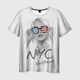 Мужская футболка 3D с принтом NYC girlfriend в Тюмени, 100% полиэфир | прямой крой, круглый вырез горловины, длина до линии бедер | Тематика изображения на принте: beautiful | blonde | city | flag | girl | girlfriend | new york | reflection | stars | stripes | usa | блондинка | город | девушка | звезды | красивая | нью йорк | отражение | очки | подруга | полосы | сша | флаг