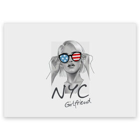 Поздравительная открытка с принтом NYC girlfriend в Тюмени, 100% бумага | плотность бумаги 280 г/м2, матовая, на обратной стороне линовка и место для марки
 | Тематика изображения на принте: beautiful | blonde | city | flag | girl | girlfriend | new york | reflection | stars | stripes | usa | блондинка | город | девушка | звезды | красивая | нью йорк | отражение | очки | подруга | полосы | сша | флаг