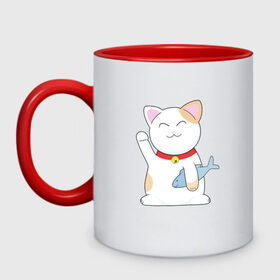 Кружка двухцветная с принтом Манэки-нэко в Тюмени, керамика | объем — 330 мл, диаметр — 80 мм. Цветная ручка и кайма сверху, в некоторых цветах — вся внутренняя часть | Тематика изображения на принте: cat | maneki | maneki neko | neko | денежный кот | зовущая кошка | кот | кот счастья | кот удачи | котенок | котэ | кошка | манеки | манэки нэко | манящий кот | нэко | приглашающий кот | удача
