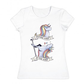 Женская футболка хлопок с принтом Единорог в Тюмени, 100% хлопок | прямой крой, круглый вырез горловины, длина до линии бедер, слегка спущенное плечо | unicorn | винишко | вино | винчик | единорог