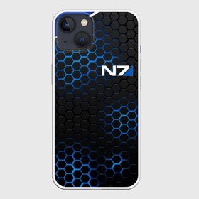 Чехол для iPhone 13 с принтом MASS EFFECT N7 | МАСС ЭФФЕКТ Н7 в Тюмени,  |  | blue | n7 | neon | броня | костюм | масс эффект | н7 | неон | синий | соты | стальная броня | стальные соты | шепард