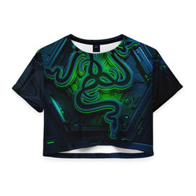 Женская футболка Cropp-top с принтом RAZER в Тюмени, 100% полиэстер | круглая горловина, длина футболки до линии талии, рукава с отворотами | game | razer | texture | зеленый | игровое лого | игромания | игры | рэйзер | текстуры