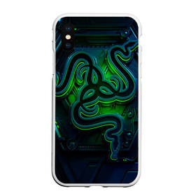 Чехол для iPhone XS Max матовый с принтом RAZER в Тюмени, Силикон | Область печати: задняя сторона чехла, без боковых панелей | game | razer | texture | зеленый | игровое лого | игромания | игры | рэйзер | текстуры