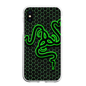 Чехол для iPhone XS Max матовый с принтом RAZER в Тюмени, Силикон | Область печати: задняя сторона чехла, без боковых панелей | game | razer | texture | зеленый | игровое лого | игромания | игры | рэйзер | текстуры