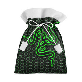 Подарочный 3D мешок с принтом RAZER в Тюмени, 100% полиэстер | Размер: 29*39 см | game | razer | texture | зеленый | игровое лого | игромания | игры | рэйзер | текстуры