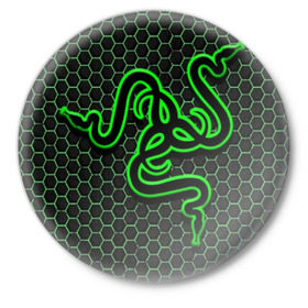 Значок с принтом RAZER в Тюмени,  металл | круглая форма, металлическая застежка в виде булавки | game | razer | texture | зеленый | игровое лого | игромания | игры | рэйзер | текстуры