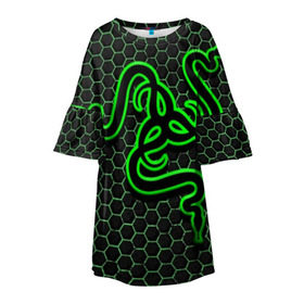 Детское платье 3D с принтом RAZER в Тюмени, 100% полиэстер | прямой силуэт, чуть расширенный к низу. Круглая горловина, на рукавах — воланы | game | razer | texture | зеленый | игровое лого | игромания | игры | рэйзер | текстуры