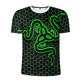 Мужская футболка 3D спортивная с принтом RAZER в Тюмени, 100% полиэстер с улучшенными характеристиками | приталенный силуэт, круглая горловина, широкие плечи, сужается к линии бедра | game | razer | texture | зеленый | игровое лого | игромания | игры | рэйзер | текстуры