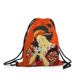 Рюкзак-мешок 3D с принтом Японка в Тюмени, 100% полиэстер | плотность ткани — 200 г/м2, размер — 35 х 45 см; лямки — толстые шнурки, застежка на шнуровке, без карманов и подкладки | brunette | ceremony | culture | east | flowers | geisha | hairstyle | japan | japanese woman | kimono | makeup | tea | traditions | брюнетка | восток | кимоно | культура | макияж | прическа | традиции | цветы | церемония | чай | чайная | япония | 