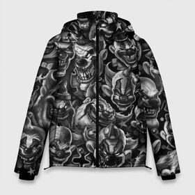 Мужская зимняя куртка 3D с принтом Злые Клоуны в Тюмени, верх — 100% полиэстер; подкладка — 100% полиэстер; утеплитель — 100% полиэстер | длина ниже бедра, свободный силуэт Оверсайз. Есть воротник-стойка, отстегивающийся капюшон и ветрозащитная планка. 

Боковые карманы с листочкой на кнопках и внутренний карман на молнии. | black | graffiti | horror | stickerbombing | tatu | urban | white | граффити | зло | клоун | клоуны | комикс | мода | стикер | стикербомбинг | стиль | тату | татуировки | тренд | ужас | улыбка | урбан | хоррор | черно белые