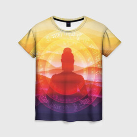 Женская футболка 3D с принтом Будда в Тюмени, 100% полиэфир ( синтетическое хлопкоподобное полотно) | прямой крой, круглый вырез горловины, длина до линии бедер | buddha | calm | color | enlightenment | india | meditatio | mountains | nature | purple | red | religion | symbol | yellow | yoga | будда | горы | духовность | желтый | индия | йога | красный | медитация | природа | просветление | расслабление | религия |
