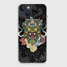 Чехол для iPhone 13 с принтом Дракон в Тюмени,  |  | character | dragon | east | eyes | fangs | horns | japan | japanese | legend | mask | mythological | pattern | yellow | восток | глаза | дракон | желтые | клыки | легенда | маска | мифологический | персонаж | рога | узор | япония | японский