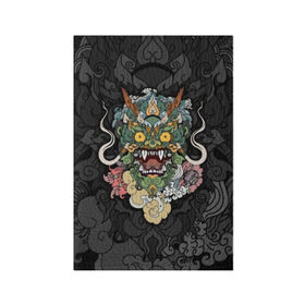 Обложка для паспорта матовая кожа с принтом Дракон в Тюмени, натуральная матовая кожа | размер 19,3 х 13,7 см; прозрачные пластиковые крепления | character | dragon | east | eyes | fangs | horns | japan | japanese | legend | mask | mythological | pattern | yellow | восток | глаза | дракон | желтые | клыки | легенда | маска | мифологический | персонаж | рога | узор | япония | японский