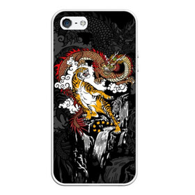 Чехол для iPhone 5/5S матовый с принтом Тигр и дракон в Тюмени, Силикон | Область печати: задняя сторона чехла, без боковых панелей | animals | clouds | country | dragon | east | fangs | japanese | mythical | nature | predator | rising | sun | tiger | восток | восходящего | дракон | животные | клыки | мифический | облака | природа | солнца | страна | тигр | хищник | японский