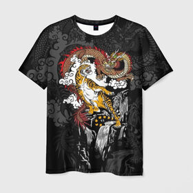Мужская футболка 3D с принтом Тигр и дракон в Тюмени, 100% полиэфир | прямой крой, круглый вырез горловины, длина до линии бедер | animals | clouds | country | dragon | east | fangs | japanese | mythical | nature | predator | rising | sun | tiger | восток | восходящего | дракон | животные | клыки | мифический | облака | природа | солнца | страна | тигр | хищник | японский