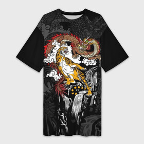 Платье-футболка 3D с принтом Тигр и дракон в Тюмени,  |  | animals | clouds | country | dragon | east | fangs | japanese | mythical | nature | predator | rising | sun | tiger | восток | восходящего | дракон | животные | клыки | мифический | облака | природа | солнца | страна | тигр | хищник | японский