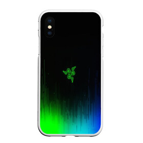 Чехол для iPhone XS Max матовый с принтом RAZER NEON в Тюмени, Силикон | Область печати: задняя сторона чехла, без боковых панелей | game | razer | texture | зеленый | игровое лого | игромания | игры | рэйзер | текстуры