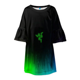 Детское платье 3D с принтом RAZER NEON в Тюмени, 100% полиэстер | прямой силуэт, чуть расширенный к низу. Круглая горловина, на рукавах — воланы | game | razer | texture | зеленый | игровое лого | игромания | игры | рэйзер | текстуры