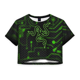 Женская футболка Cropp-top с принтом RAZER CARBON в Тюмени, 100% полиэстер | круглая горловина, длина футболки до линии талии, рукава с отворотами | game | razer | texture | зеленый | игровое лого | игромания | игры | рэйзер | текстуры