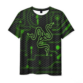 Мужская футболка 3D с принтом RAZER CARBON в Тюмени, 100% полиэфир | прямой крой, круглый вырез горловины, длина до линии бедер | Тематика изображения на принте: game | razer | texture | зеленый | игровое лого | игромания | игры | рэйзер | текстуры