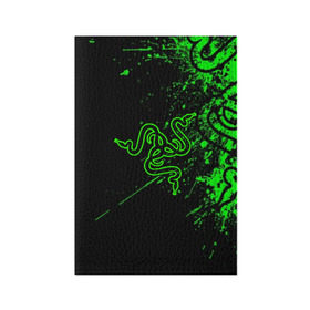 Обложка для паспорта матовая кожа с принтом RAZER в Тюмени, натуральная матовая кожа | размер 19,3 х 13,7 см; прозрачные пластиковые крепления | game | razer | texture | зеленый | игровое лого | игромания | игры | рэйзер | текстуры